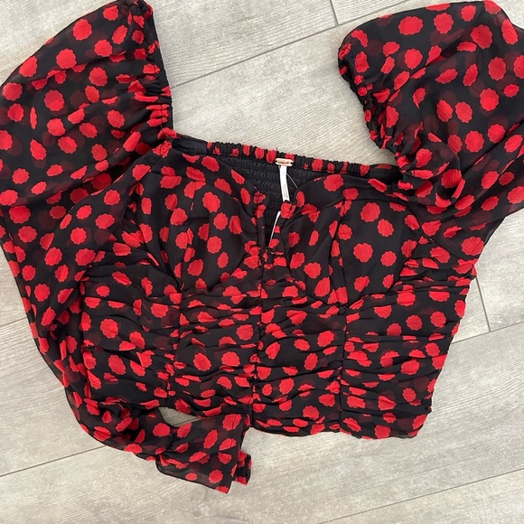 New Free People Red Black Parka Top Retro Style Smocked Crop Valentine - Picture 6 of 8